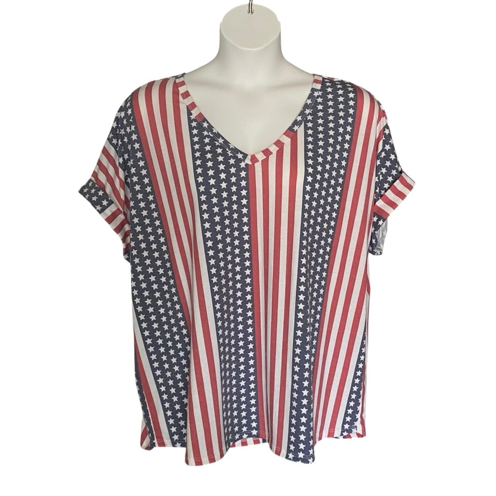BiBi Patriotic Flag Short Sleeve Top Womens Size XL Stars and Stripes USA